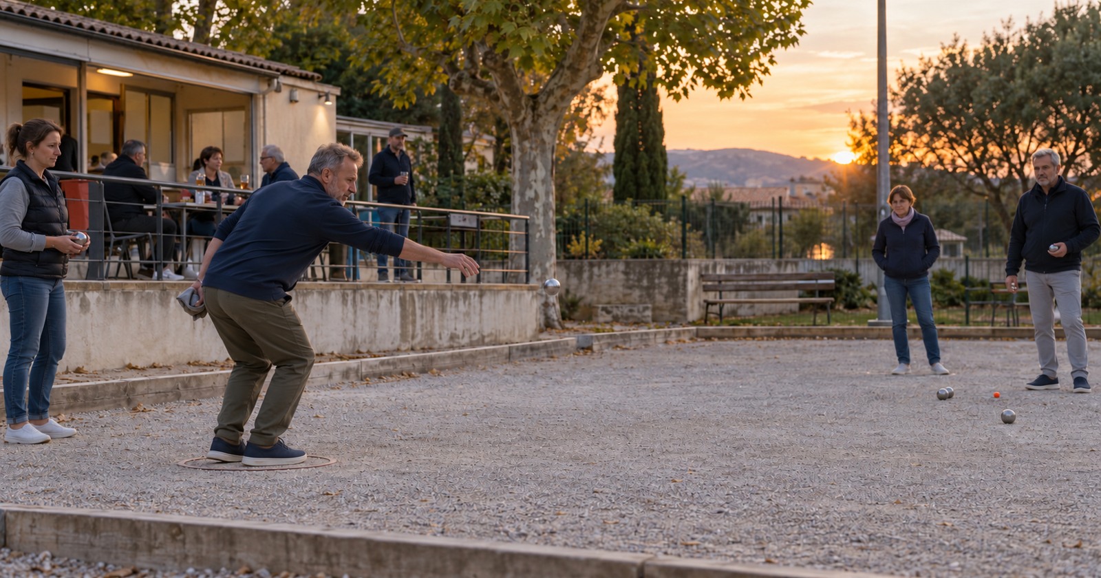 Des membres d’un club disputent une partie de pétanque près du club-house en fin de journée.