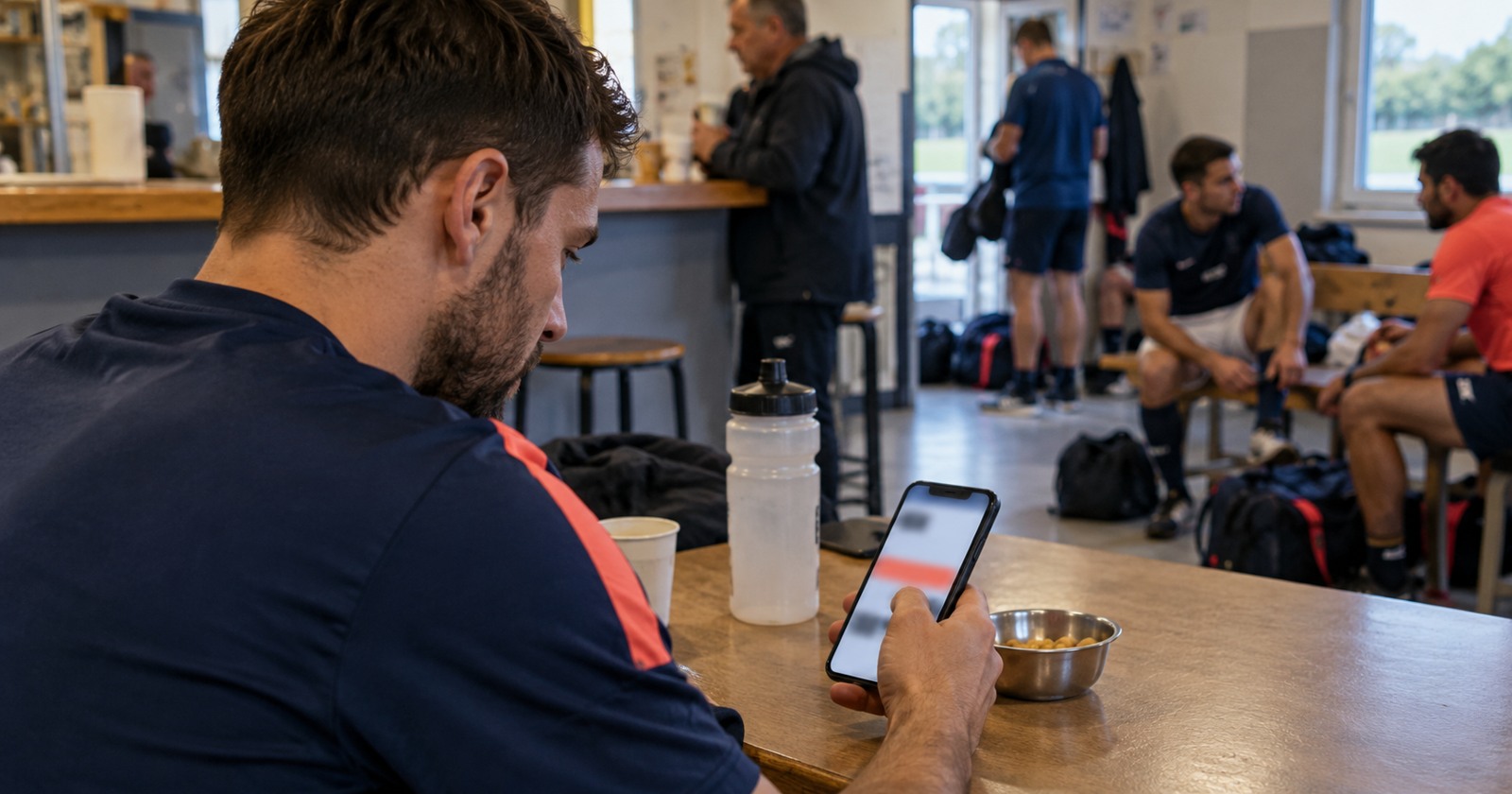 Un joueur consulte une notification sur son téléphone pendant une pause à la buvette du club.