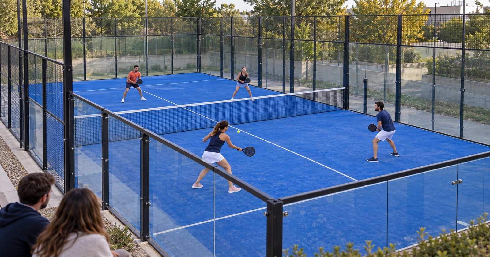 Quatre joueurs disputent un double de padel sur un court vitré, observés par deux spectateurs à l’extérieur.