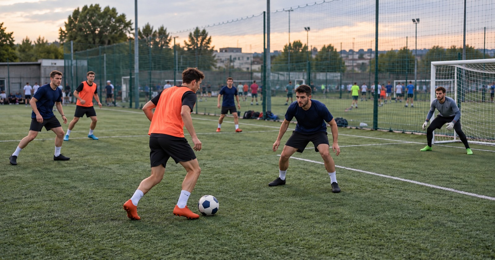 Un attaquant en chasuble corail fait face à un défenseur lors d’un tournoi de football à cinq.