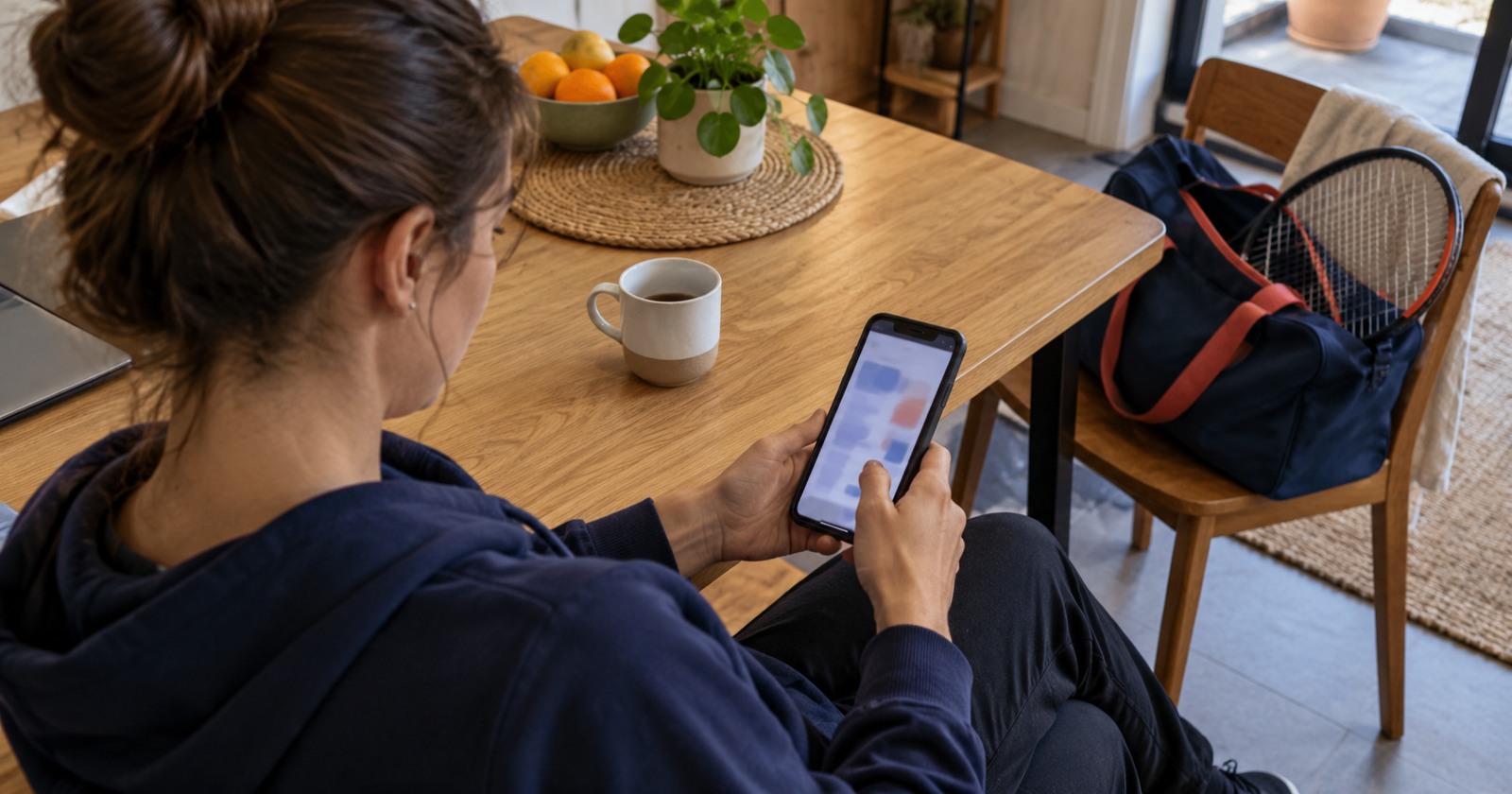 Une personne utilise son téléphone chez elle, à côté d’un sac de sport et d’une raquette.