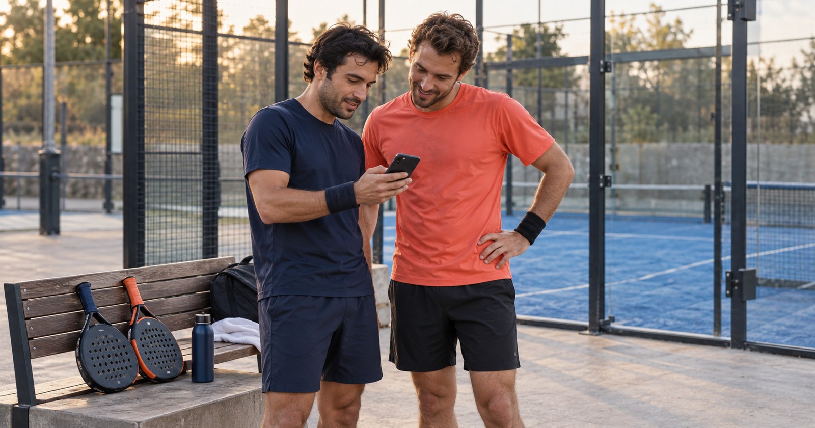 Deux joueurs consultent ensemble un téléphone au bord d’un court après leur match.