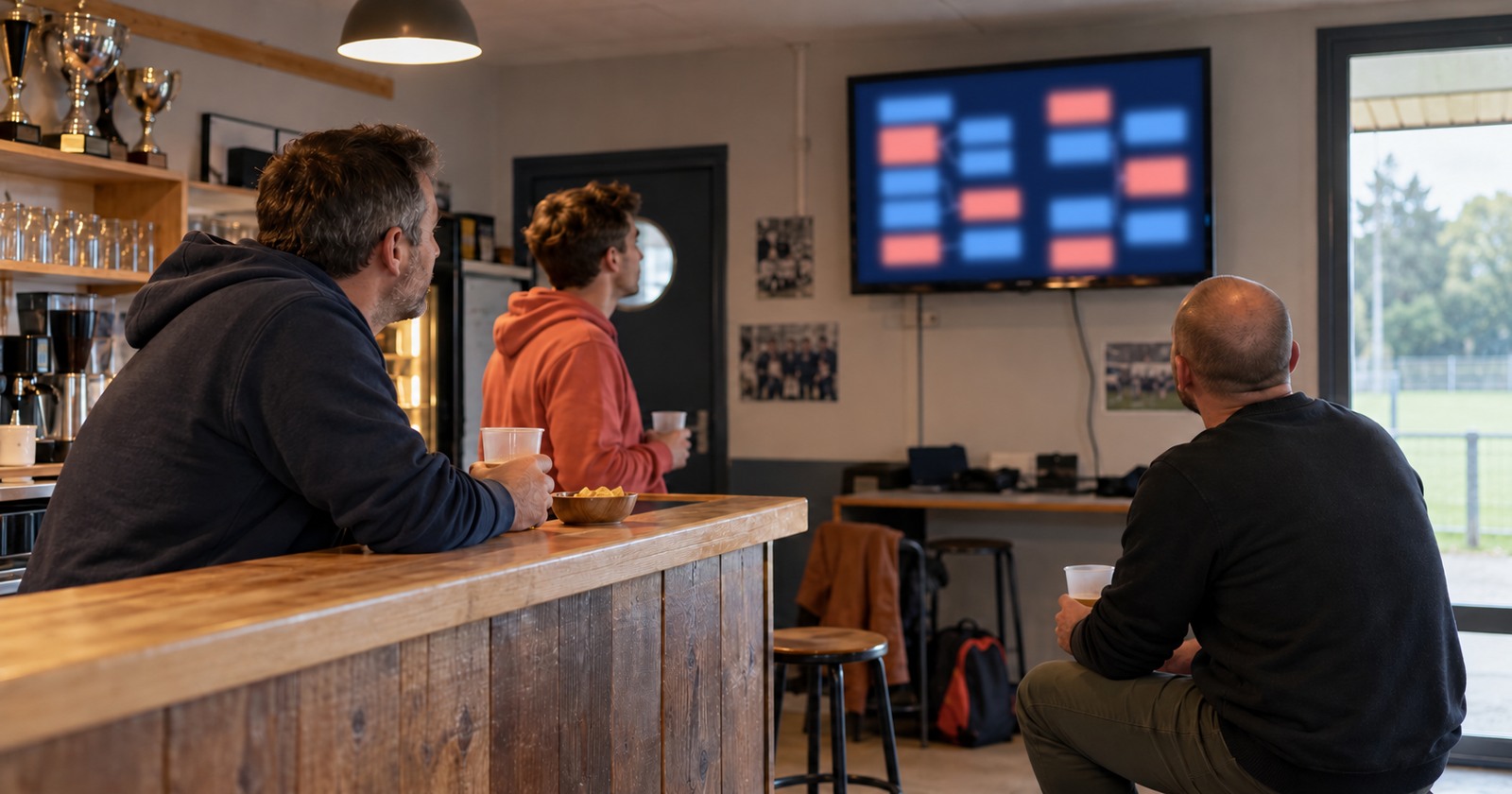 Des joueurs regardent un écran mural affichant des blocs colorés dans le club-house.