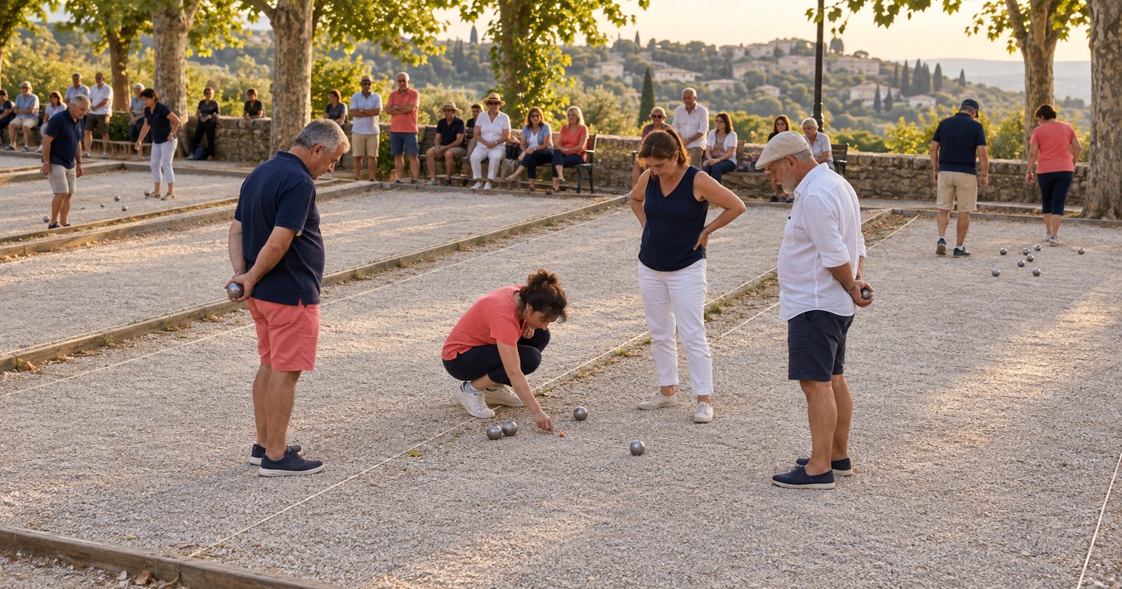 Des spectateurs suivent une partie de pétanque en phase finale sur les pistes d’un club.