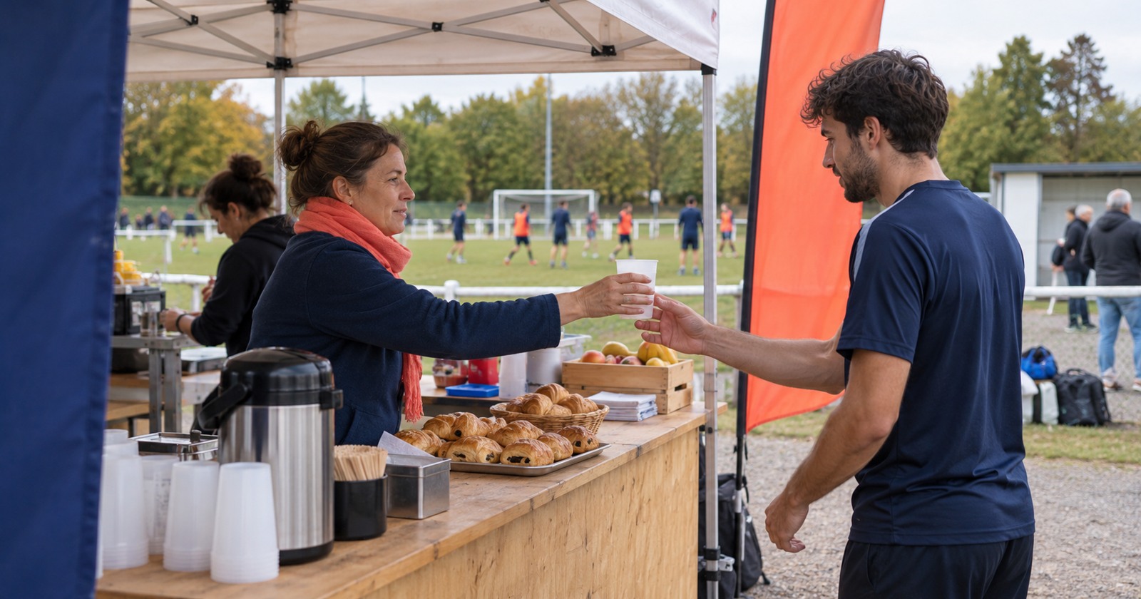 Une bénévole sert une boisson à la buvette d’un tournoi, près de banderoles marine et corail.