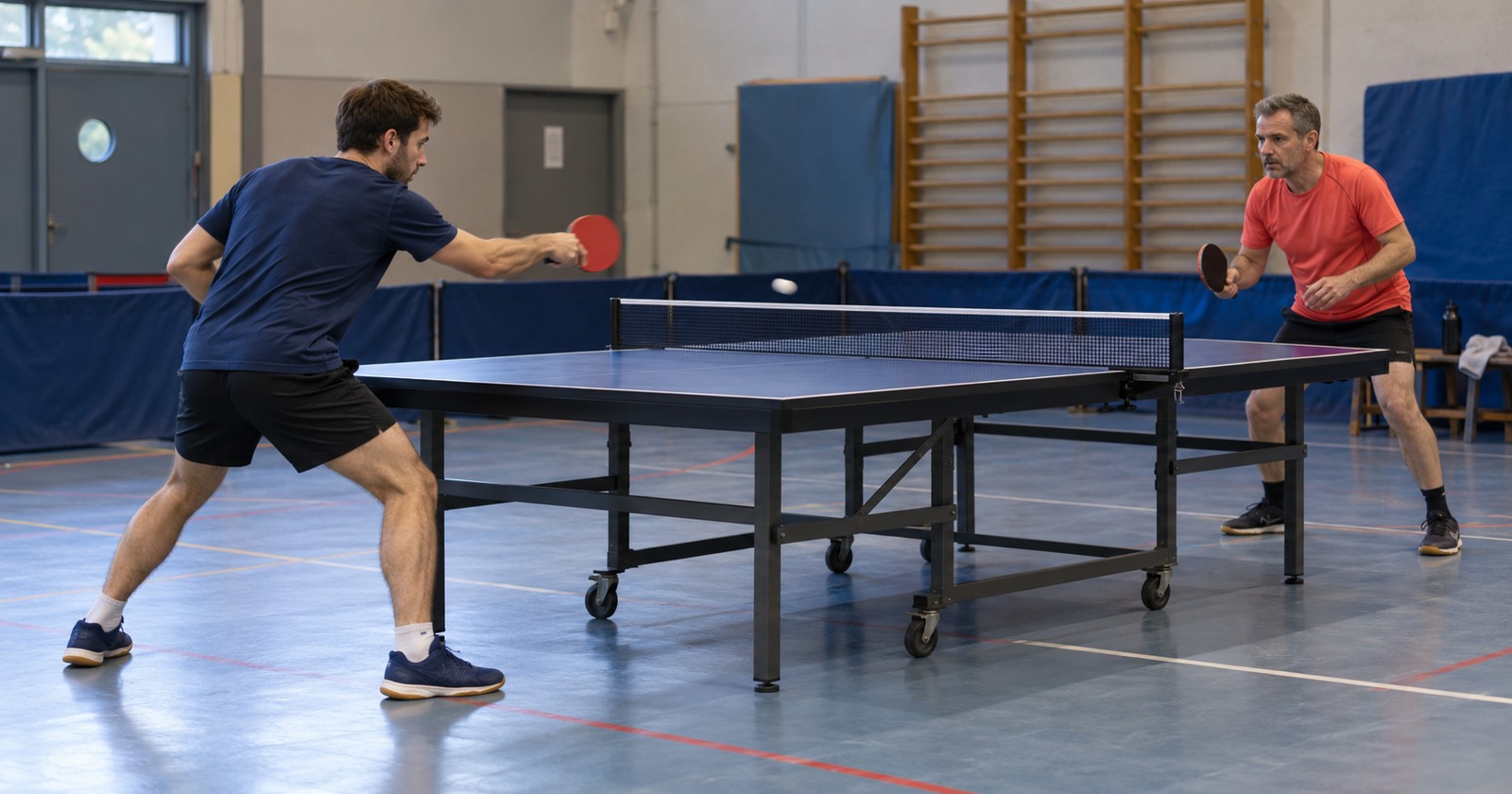 Deux joueurs amateurs disputent un échange de tennis de table dans un gymnase.
