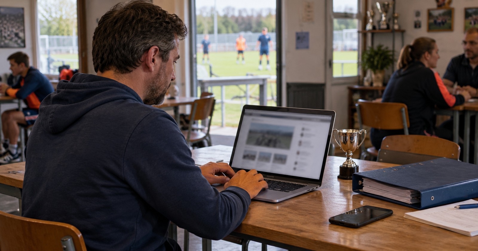 Un bénévole utilise un ordinateur portable au club-house, à côté d’une petite coupe et d’un classeur.