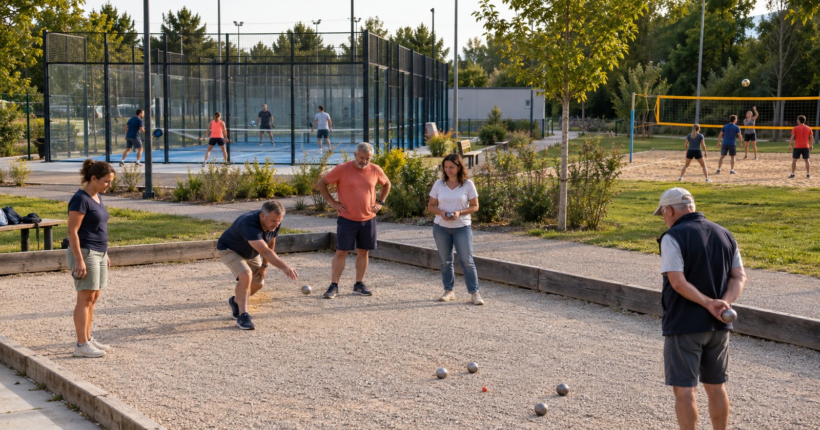 Des participants pratiquent la pétanque, le padel et le volley dans différentes zones d’un complexe sportif.