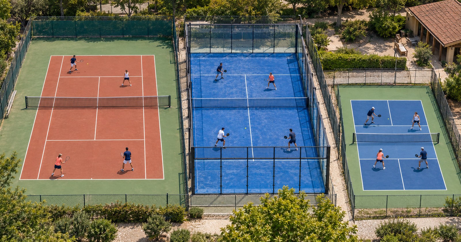 Vue d’ensemble de trois terrains voisins : tennis, padel vitré et pickleball, avec des matchs de double en cours.