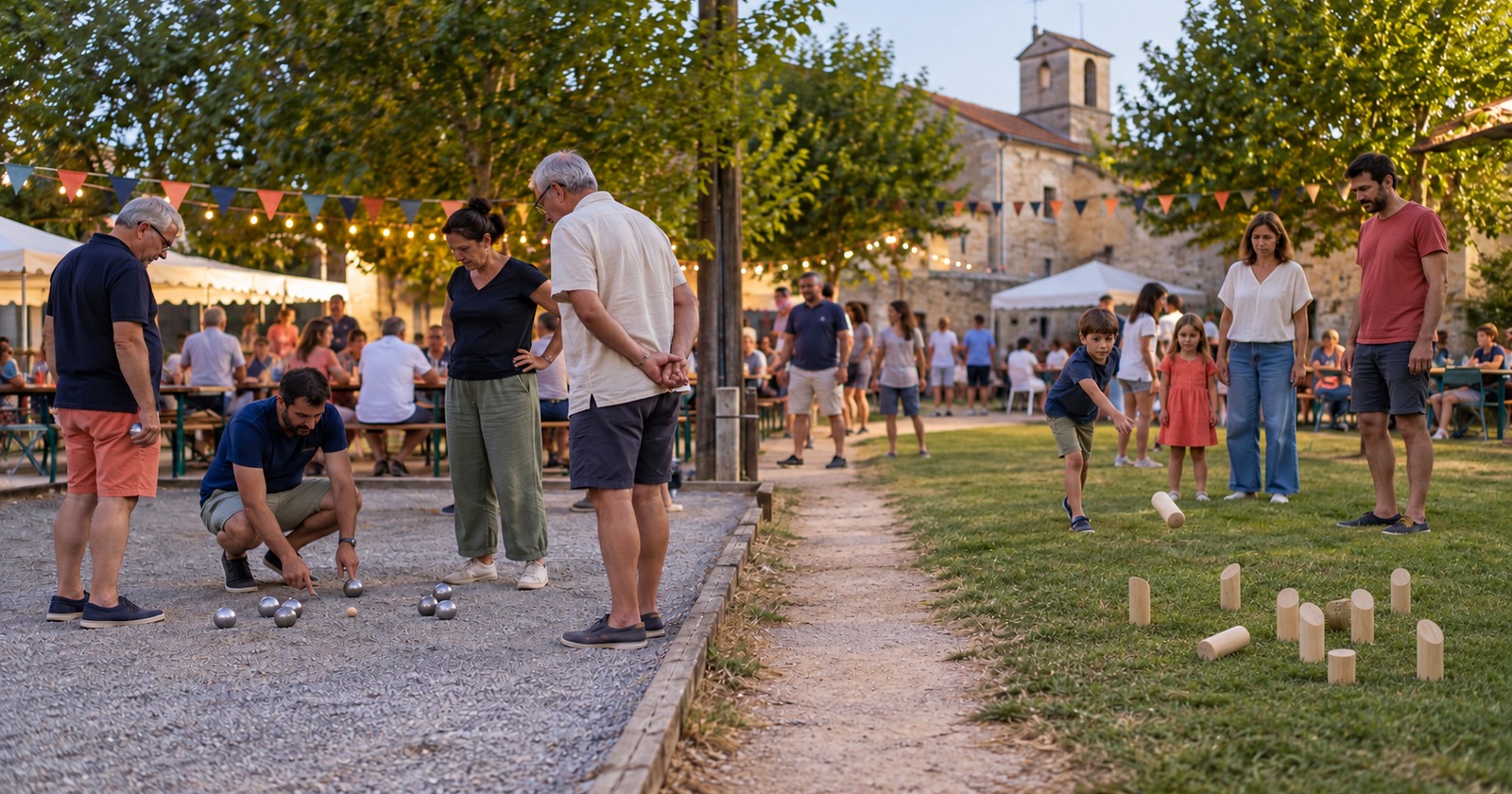 Des familles participent à des parties de pétanque et de mölkky lors d’une fête de village.