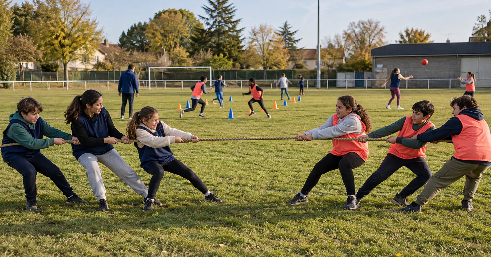 Deux équipes s’affrontent au tir à la corde pendant des olympiades avec plusieurs ateliers sur une pelouse.