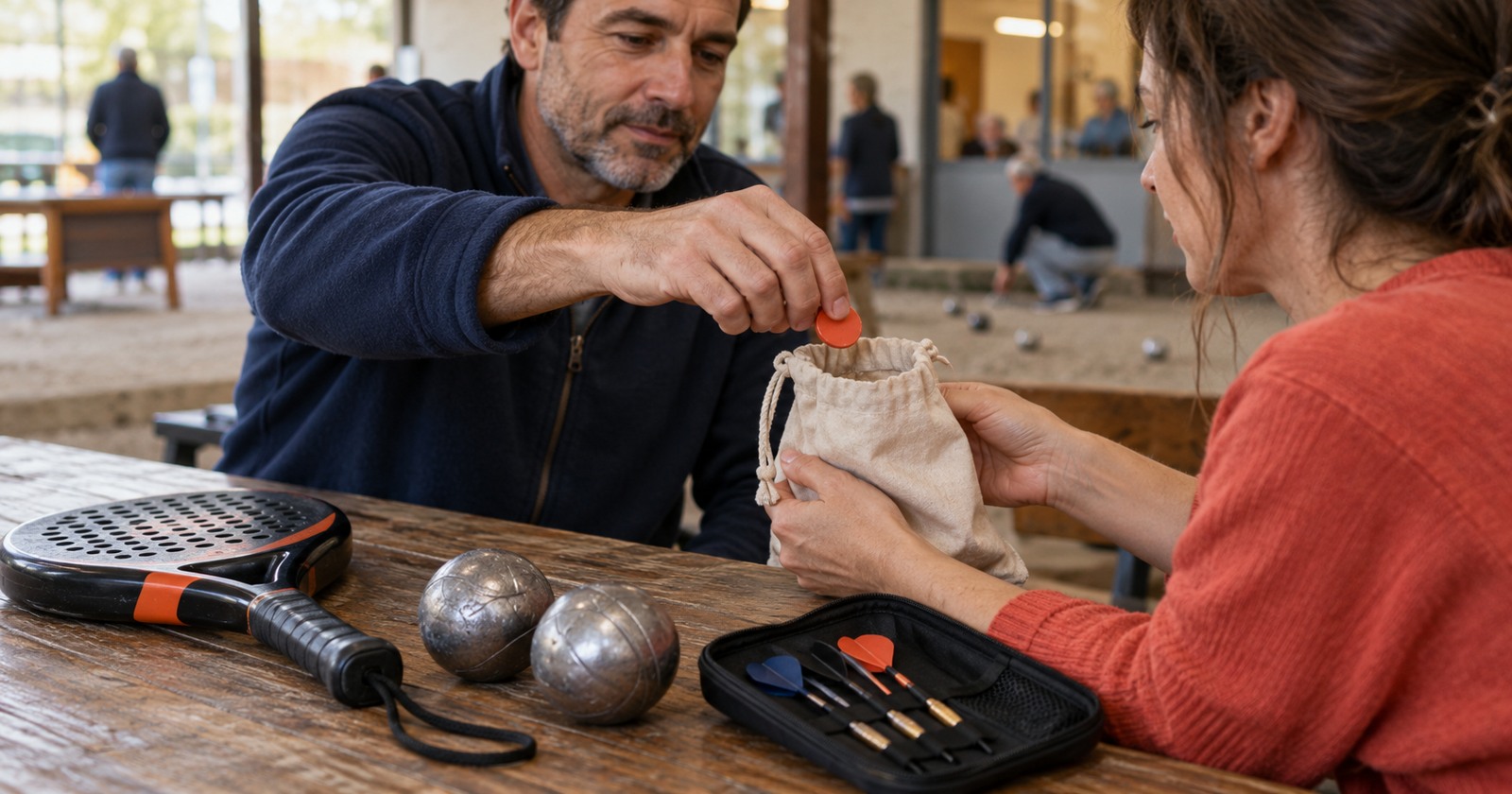 Un participant tire un jeton corail d’un sac en toile, près de boules, d’une raquette et de fléchettes.