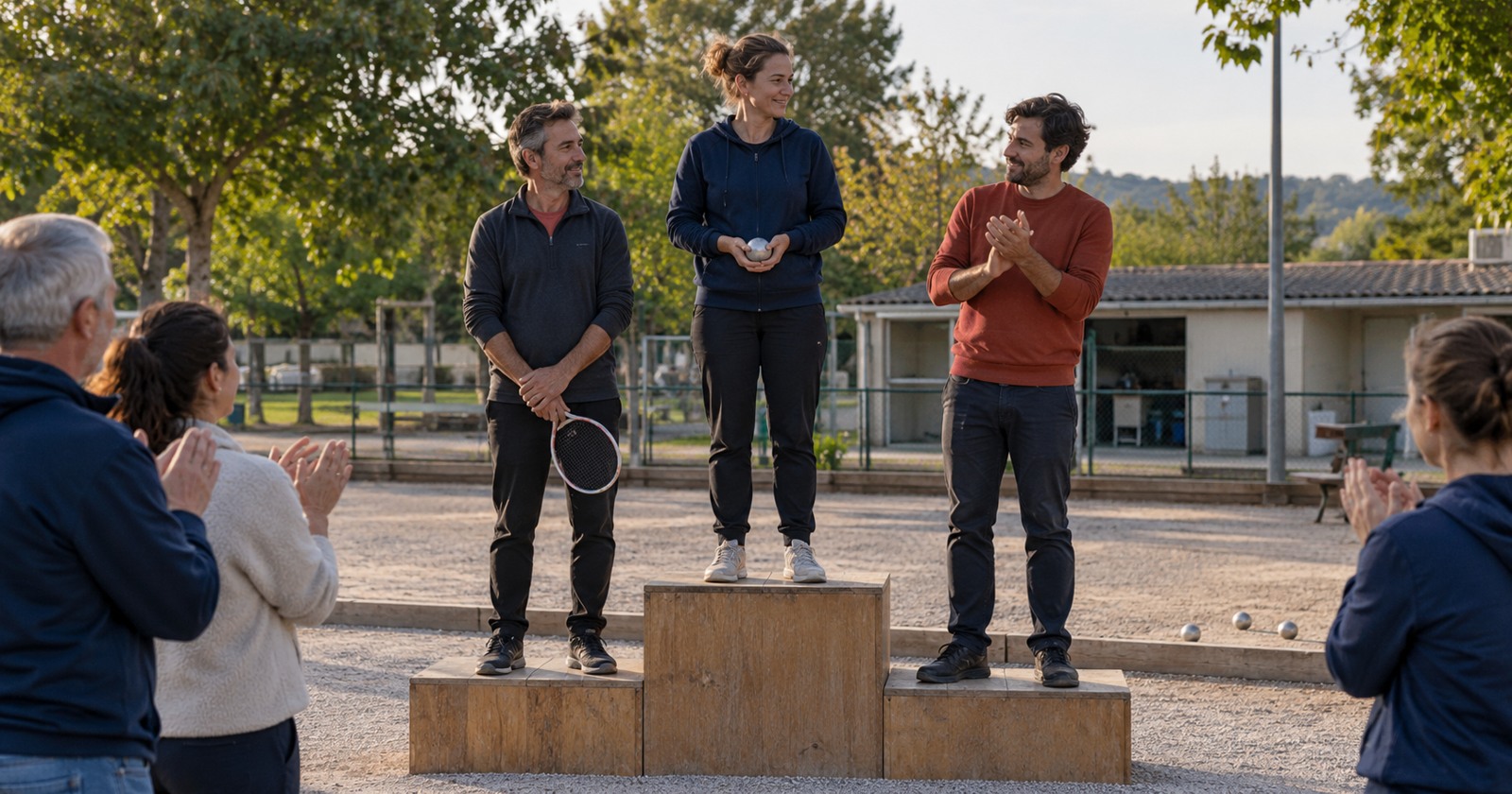 Trois participants se tiennent sur un podium en bois avec du matériel sportif, sous les applaudissements.