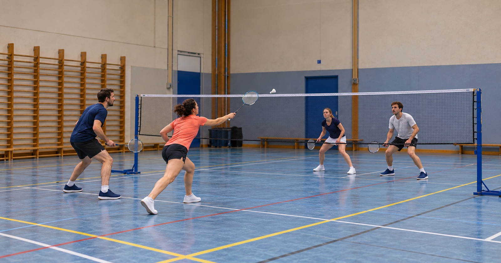 Deux équipes composées chacune d’une femme et d’un homme disputent un double mixte de badminton en salle.