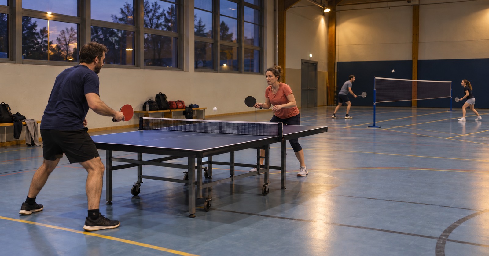 Des participants jouent au tennis de table et au badminton dans une salle polyvalente en soirée.
