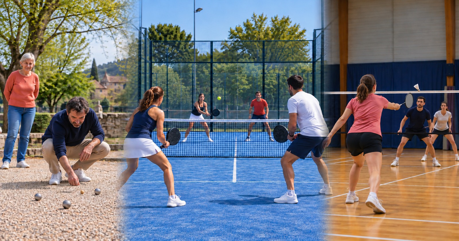 Un montage réunit des scènes de pétanque, de padel et de badminton à différentes périodes de la saison.