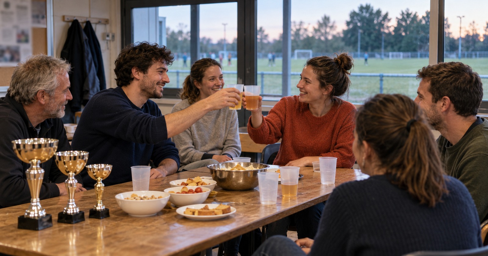 Des membres du club trinquent autour d’une table garnie de coupes pour célébrer la fin de saison.
